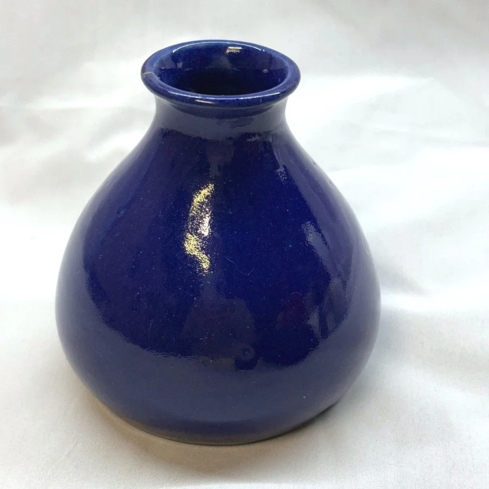 Handmade Studio Pottery Bud Vase Unisex Small Blue Good Signed Woman Moon